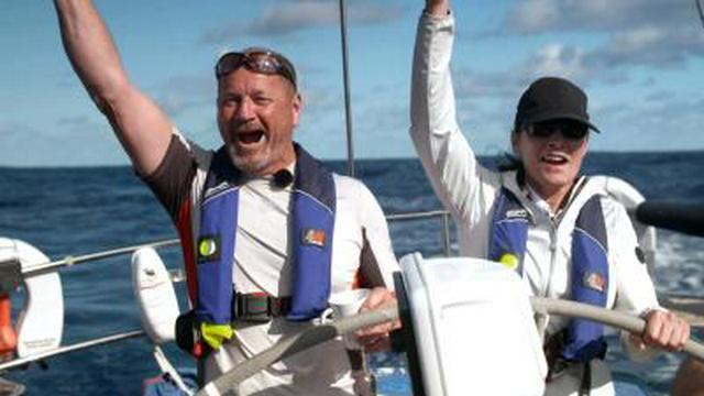 The sails celebrate halfway across the Atlantic