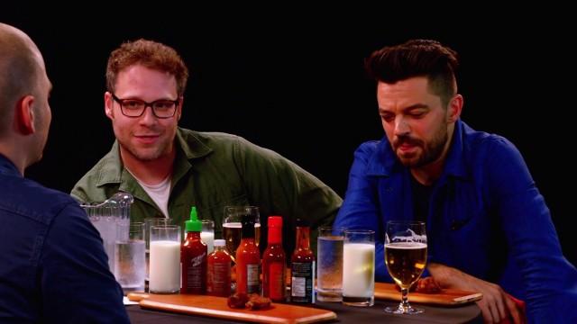 Seth Rogen and Dominic Cooper Suffer While Eating Spicy Wings