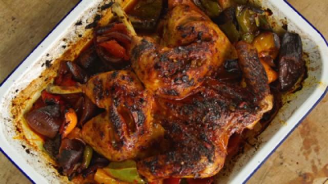 Pork Chops, Peas, Berry Meringue & Harissa Chicken Traybake