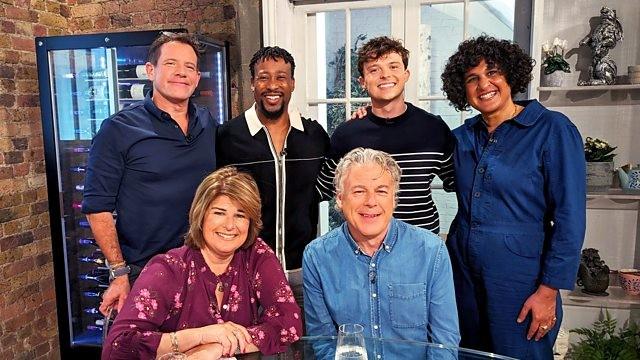 Matt Tebbutt, Mike Reid, Samin Nosrat, Alan Davies, Helen McGinn and Sam Holland