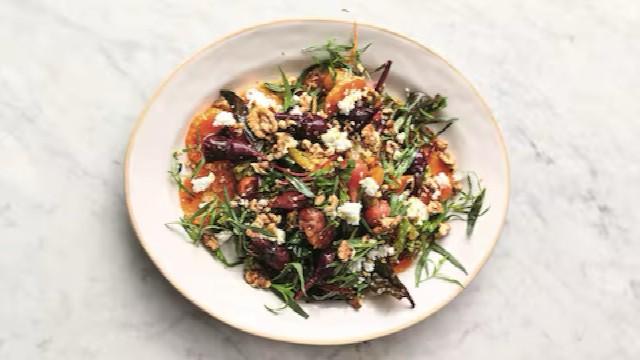 Italian Seared Beef, Aubergine Arrabiata, Dressed Beets & Spiced Prawn Soup